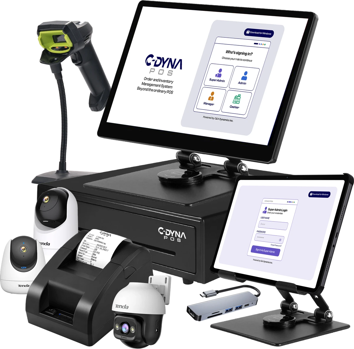 C-Dyna POS package: touchscreen terminal, tablet, cash drawer, receipt printer, barcode scanner, CCTV cameras and USB hub
